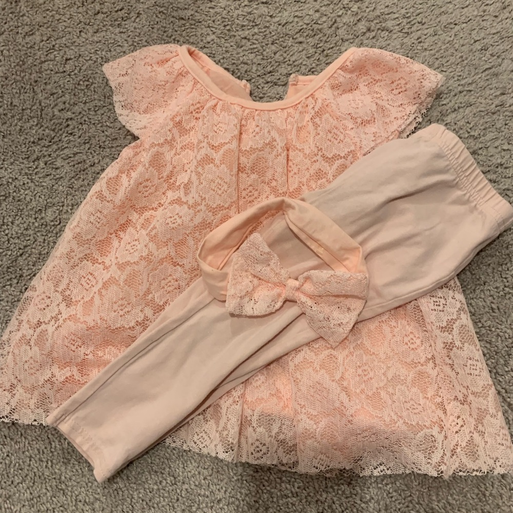 Pink Lace Baby Dress with Leggings and Headband